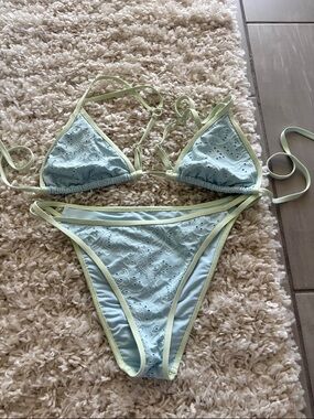 Light Blue Eyelet Triangle Bikini with Pale Yellow Trim